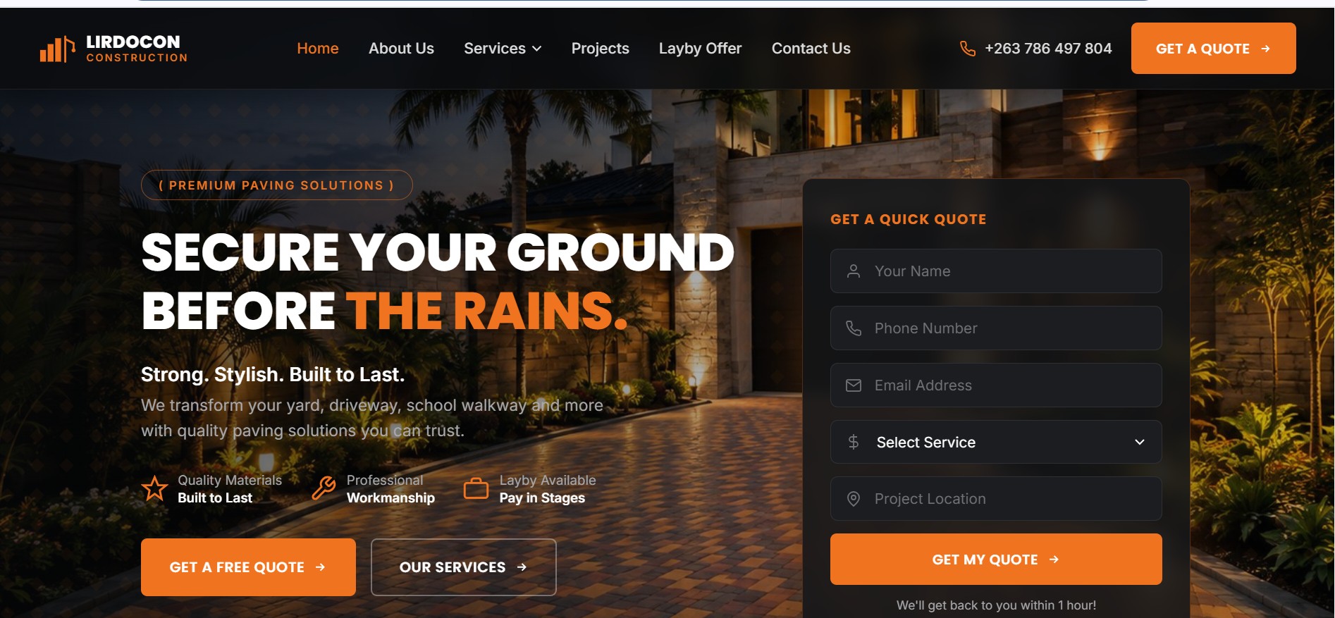 Lirdocon Construction homepage — a paving company site with quote form and hero photo